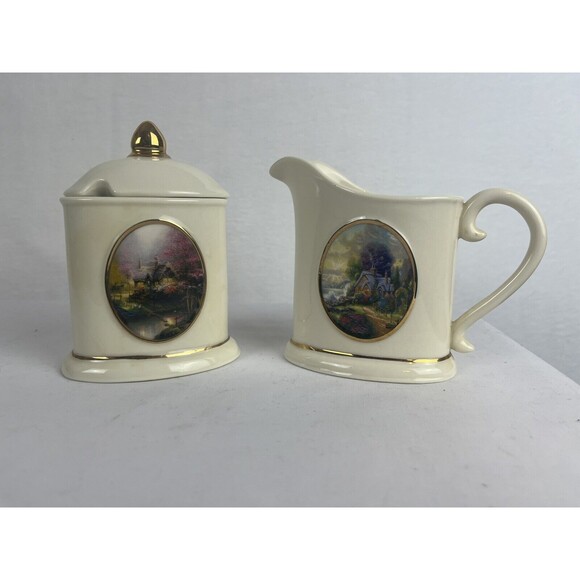 Thomas Kincaid Avon New Day Drawing Creamer & Stepping Stone Cottage Sugar Bowl - Picture 6 of 12